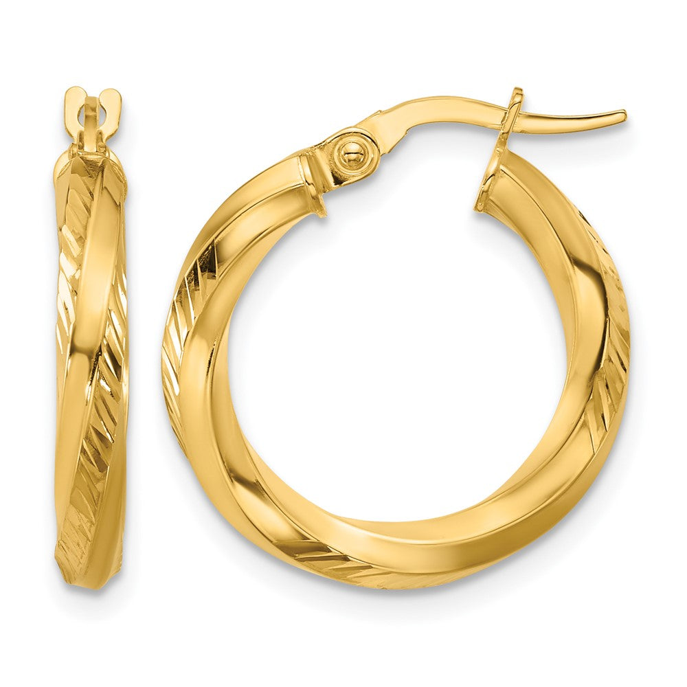 14K Polished and Diamond-cut Round Hoop Earrings