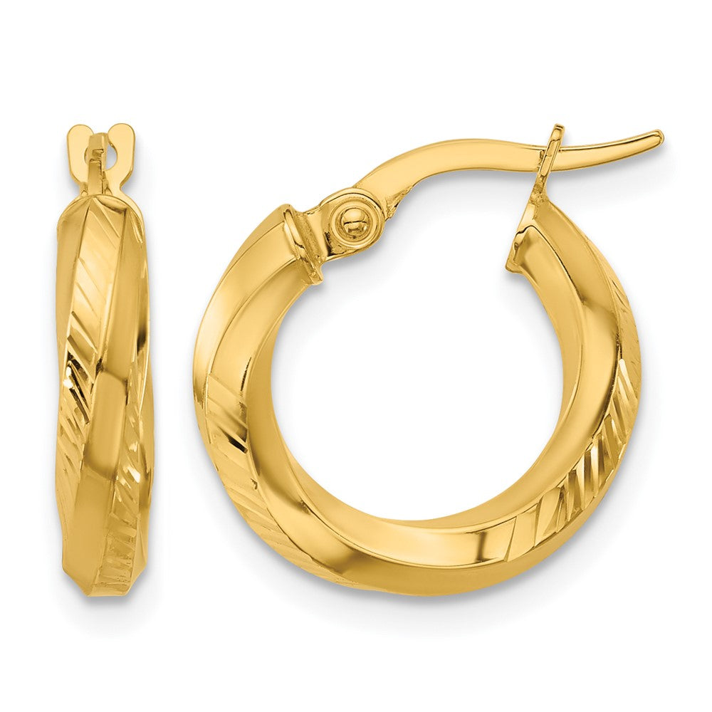14K Polished and Diamond-cut Round Hoop Earrings