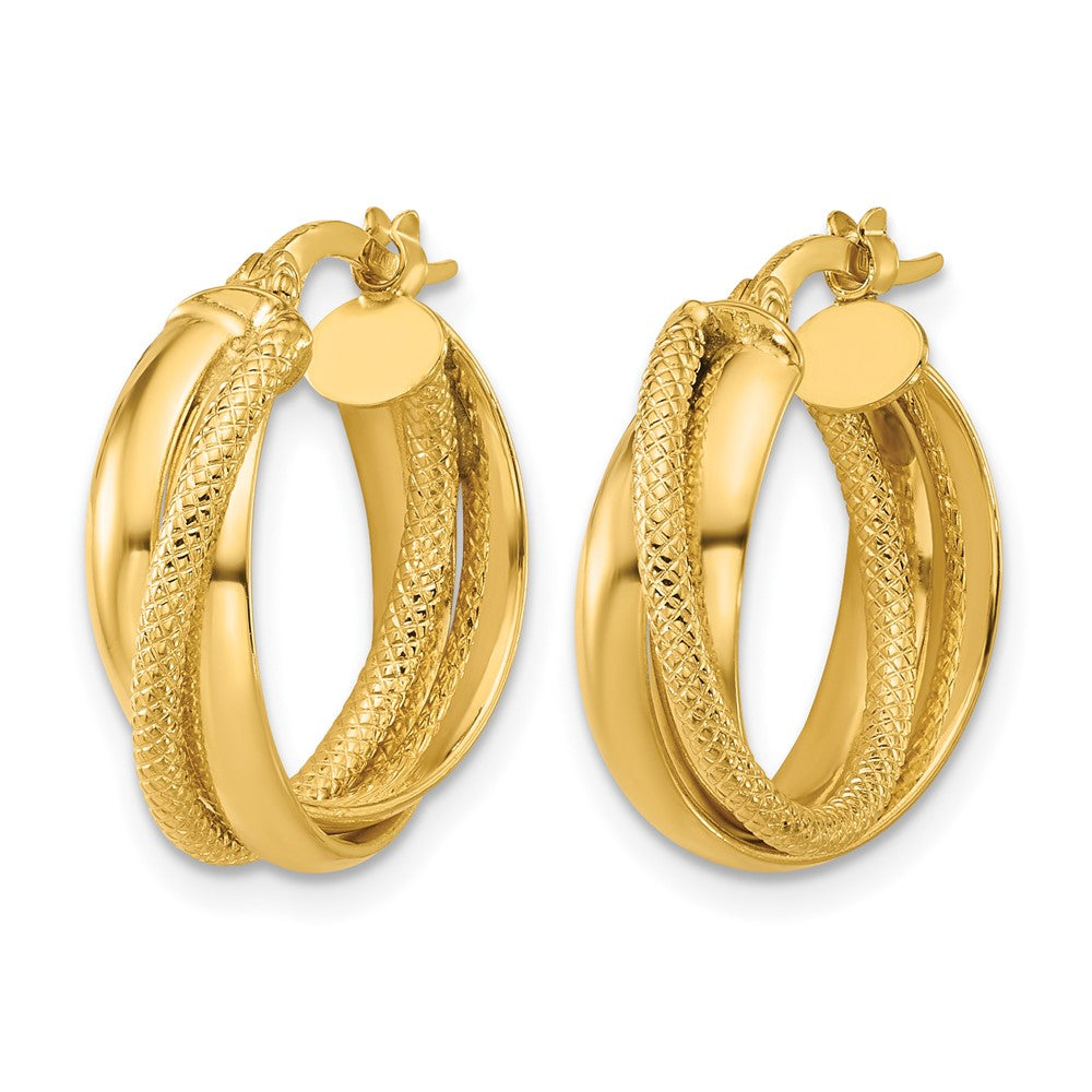 14K Polished and Textured Round Hoop Earrings