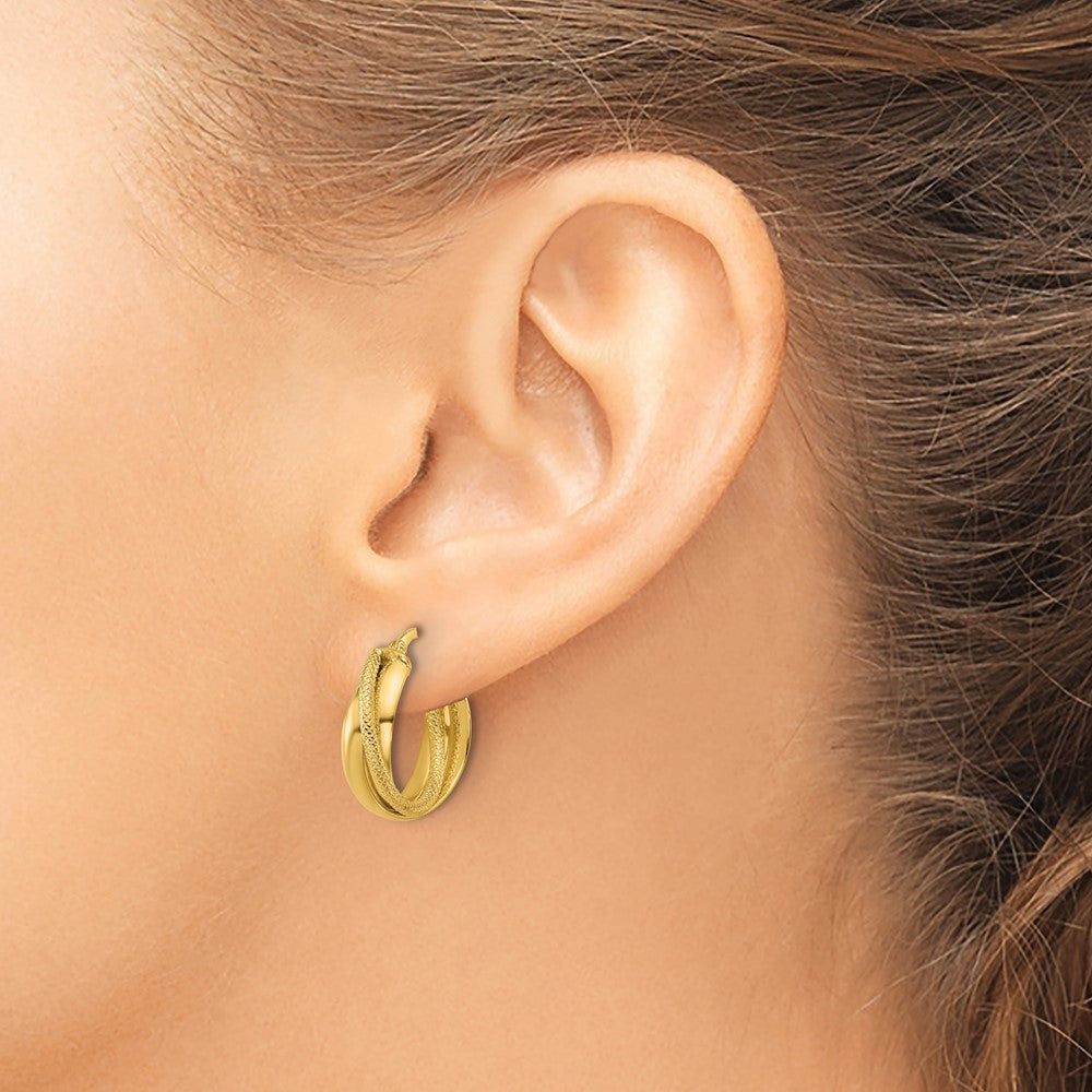 14K Polished and Textured Round Hoop Earrings