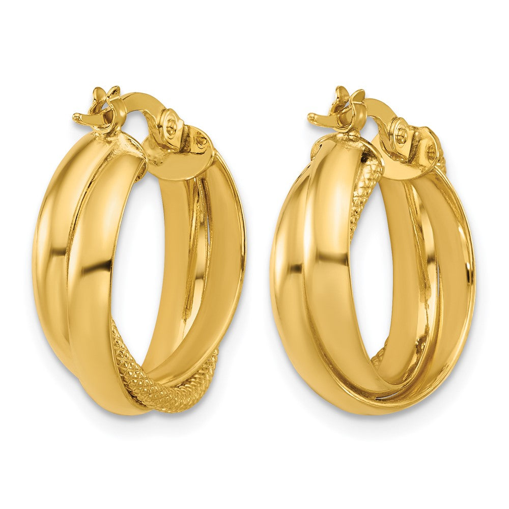 14K Polished and Textured Round Hoop Earrings