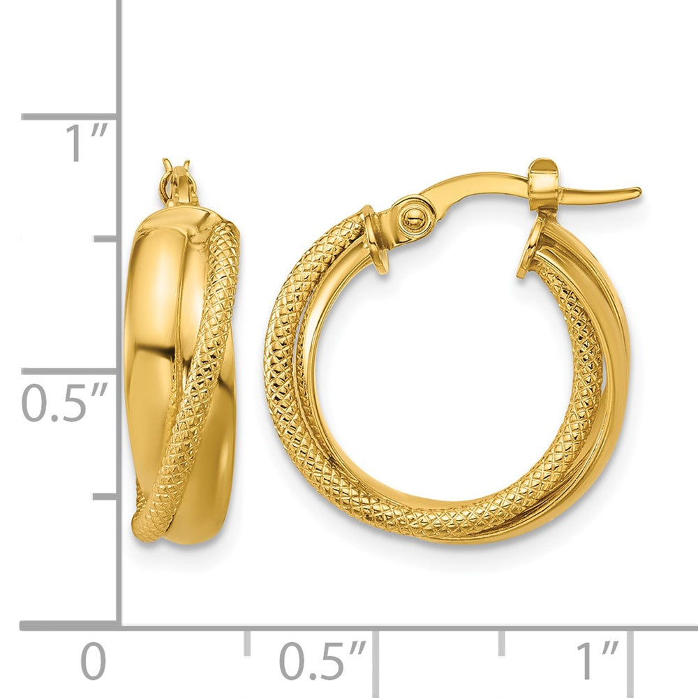 14K Polished and Textured Round Hoop Earrings