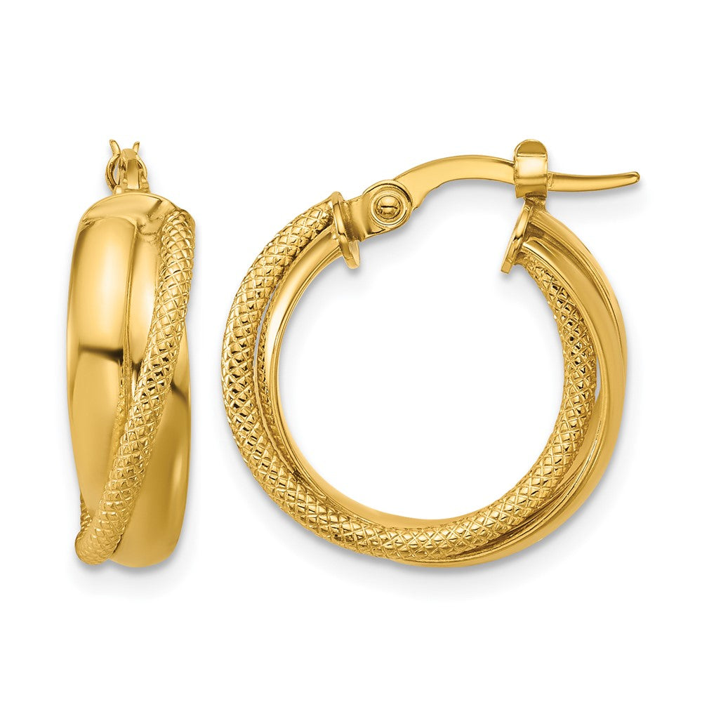 14K Polished and Textured Round Hoop Earrings