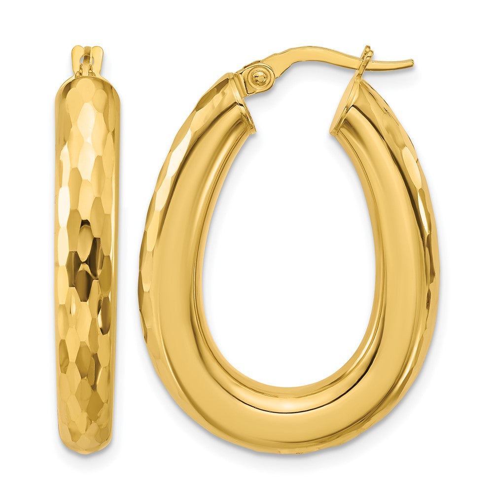 14K Polished and Diamond-cut Oval Hoop Earrings