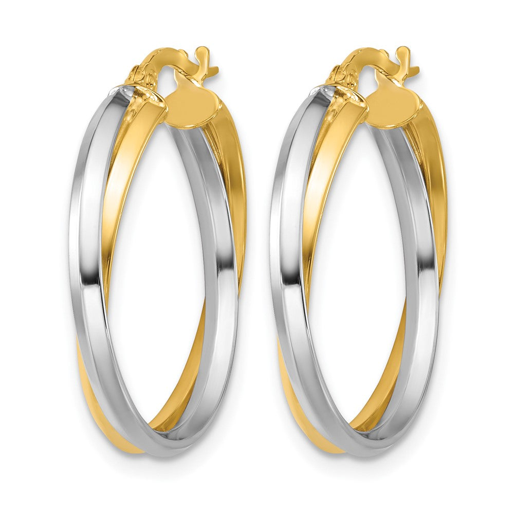 14K with Rhodium Polished Twist Round Hoop Earrings