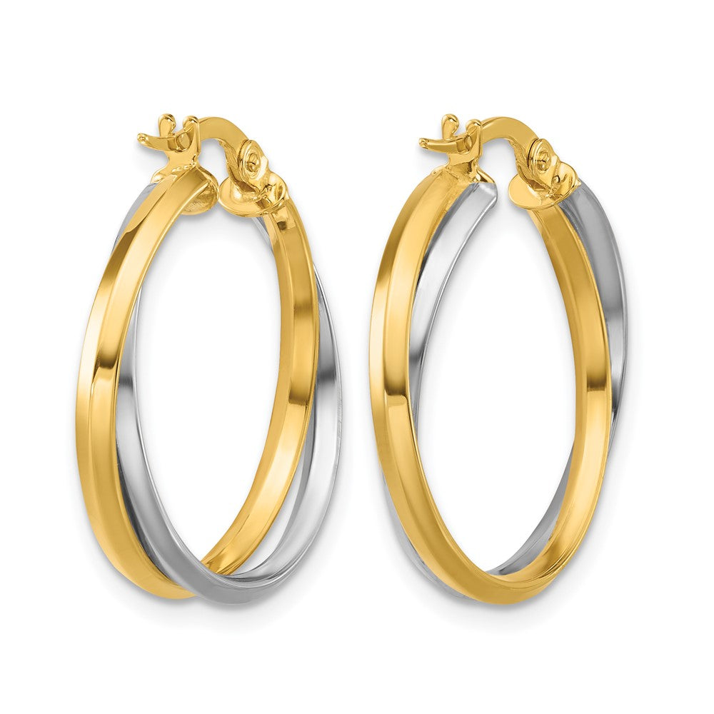 14K with Rhodium Polished Twist Round Hoop Earrings