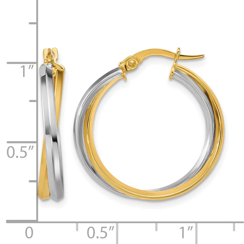 14K with Rhodium Polished Twist Round Hoop Earrings
