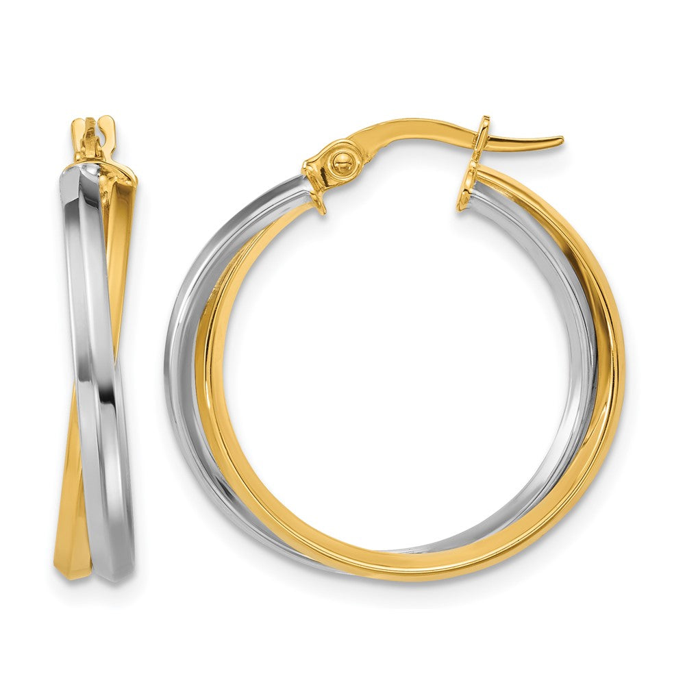 14K with Rhodium Polished Twist Round Hoop Earrings