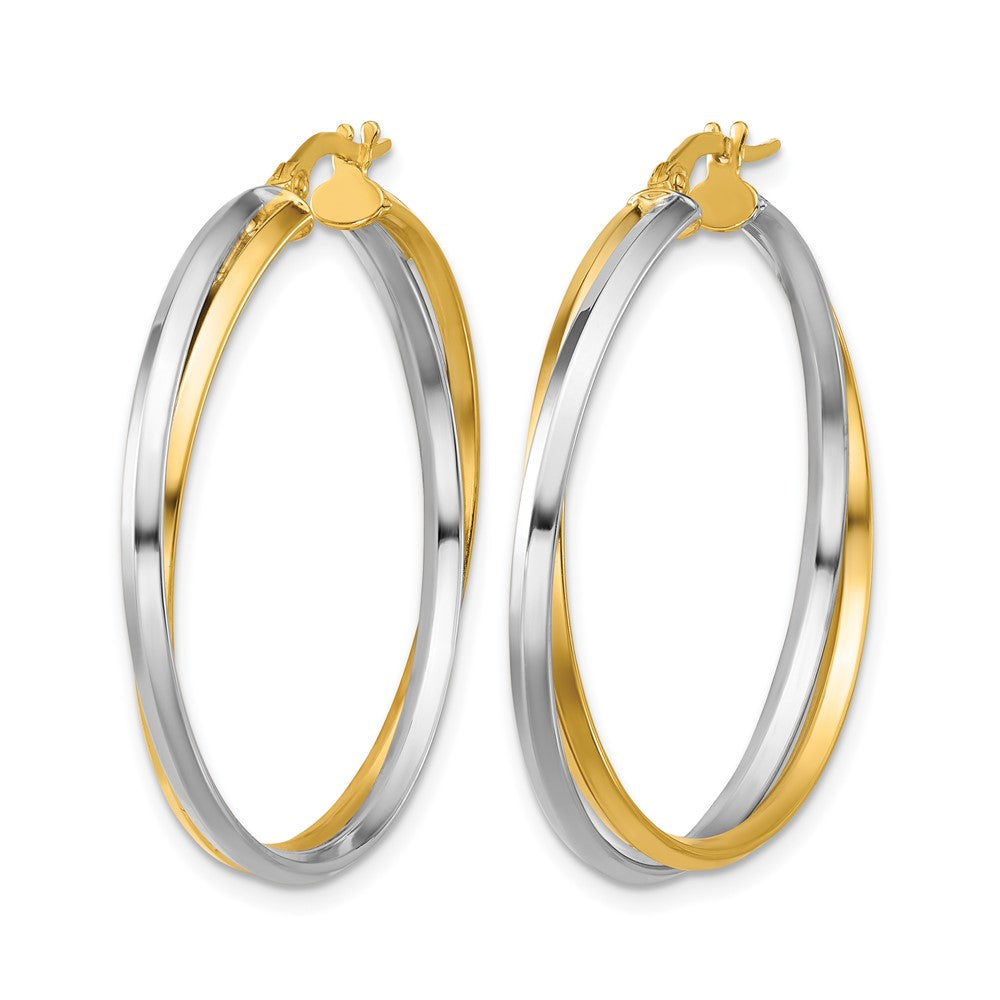 14K with Rhodium Polished Twist Round Hoop Earrings