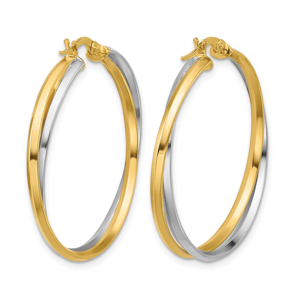14K with Rhodium Polished Twist Round Hoop Earrings