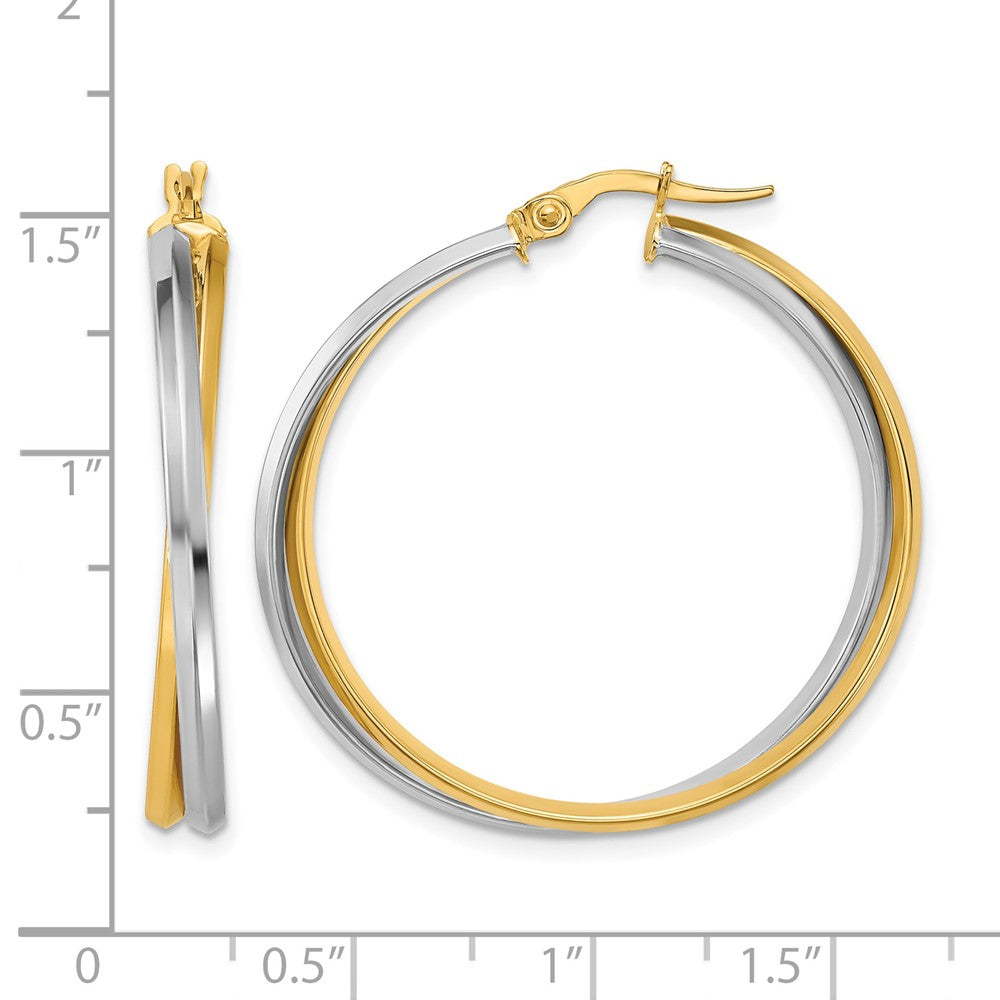 14K with Rhodium Polished Twist Round Hoop Earrings