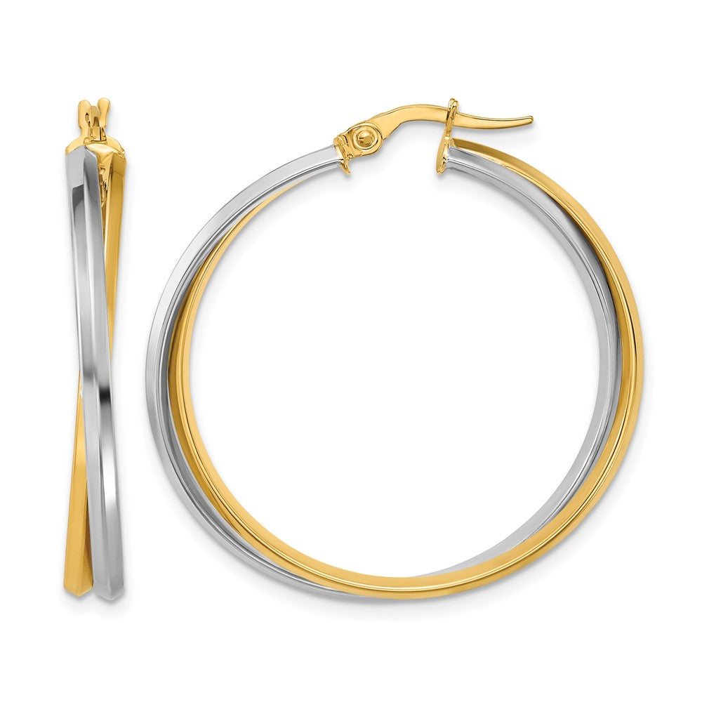14K with Rhodium Polished Twist Round Hoop Earrings
