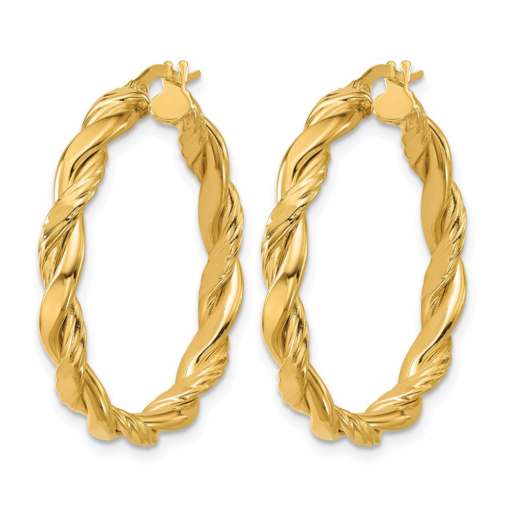 14K Polished and Twisted Round Hoop Earrings