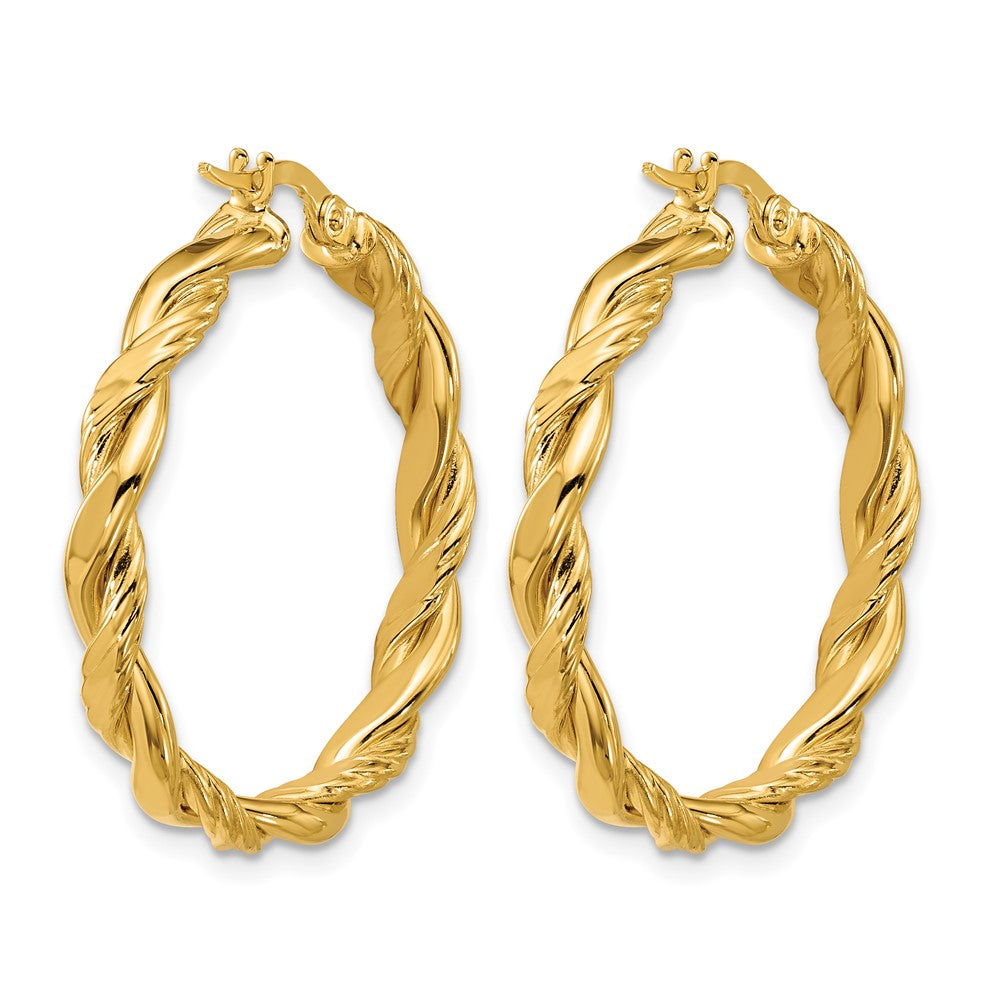 14K Polished and Twisted Round Hoop Earrings