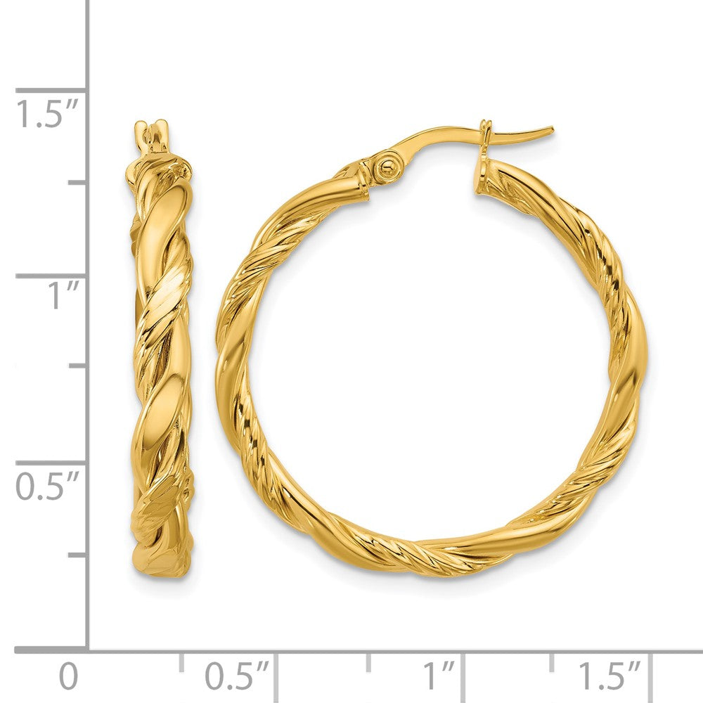 14K Polished and Twisted Round Hoop Earrings