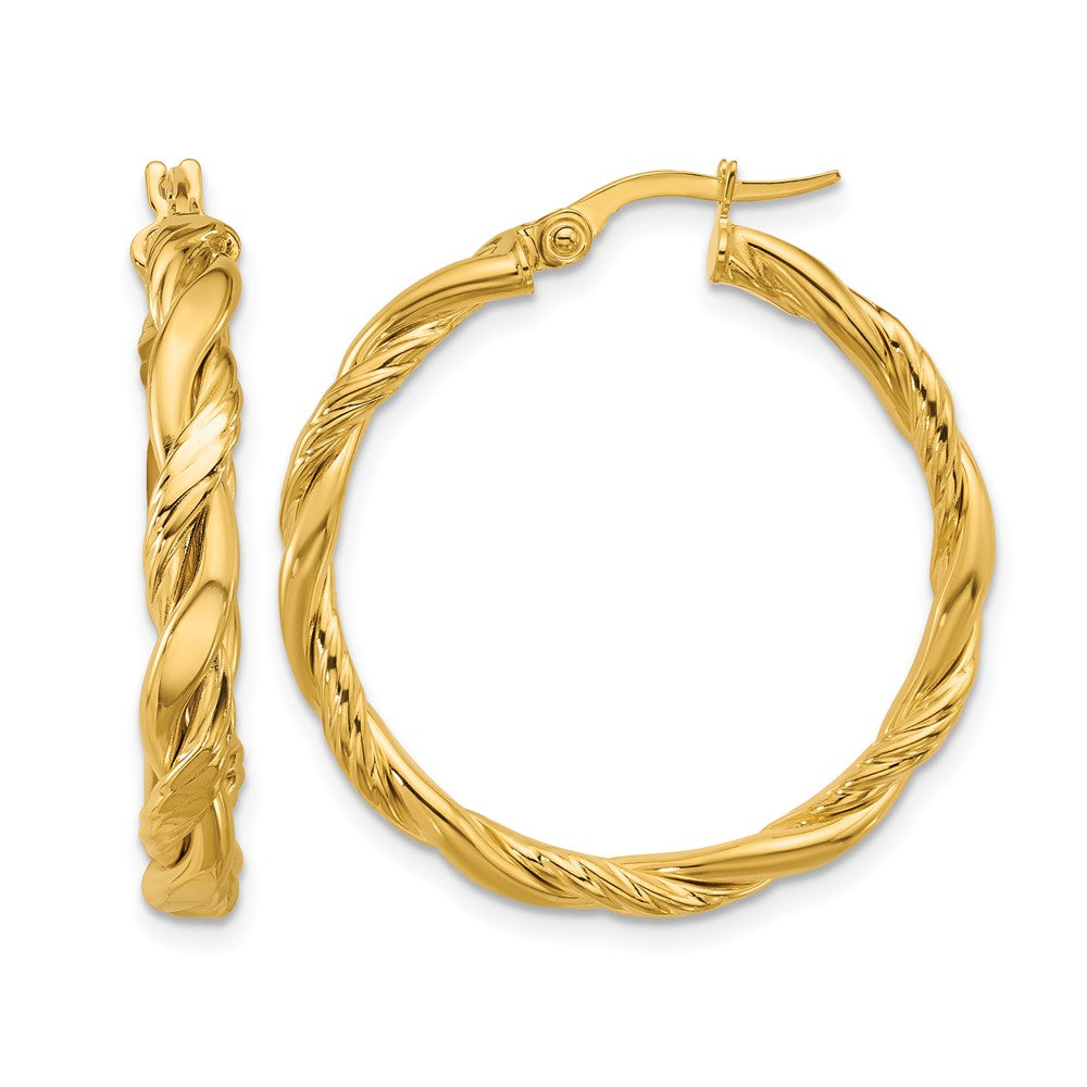 14K Polished and Twisted Round Hoop Earrings
