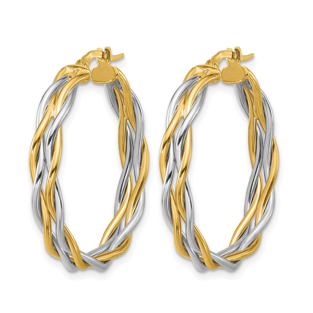 14K with Rhodium Polished Twisted Round Hoop Earrings