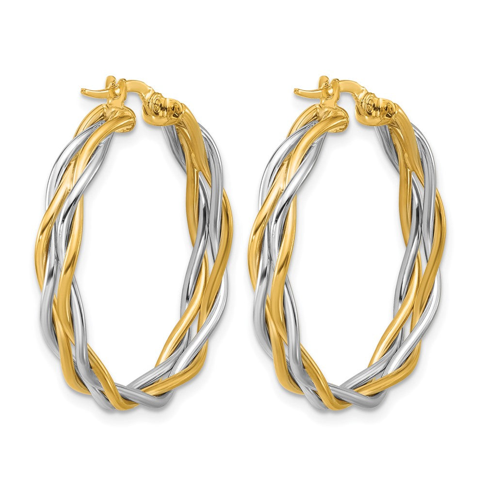 14K with Rhodium Polished Twisted Round Hoop Earrings