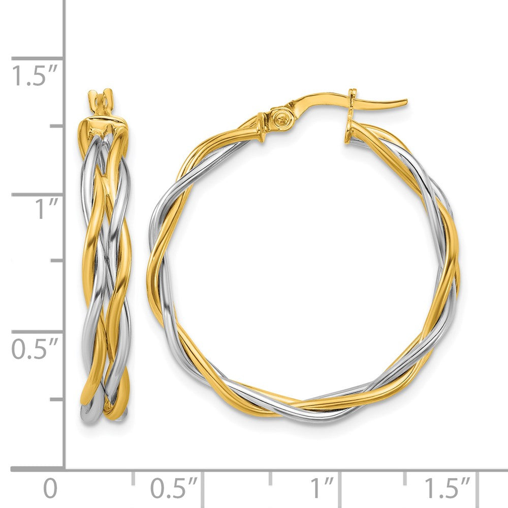 14K with Rhodium Polished Twisted Round Hoop Earrings