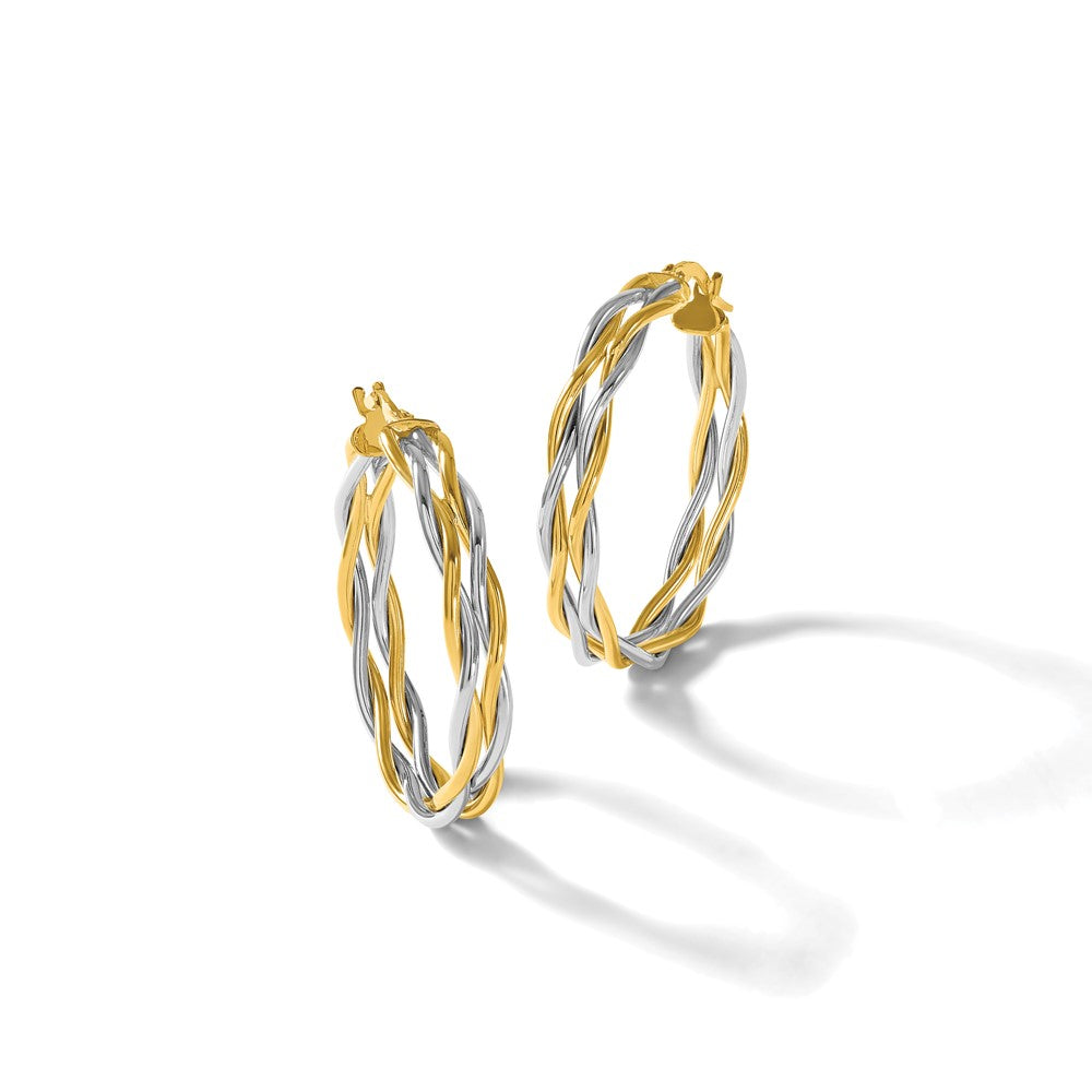 14K with Rhodium Polished Twisted Round Hoop Earrings