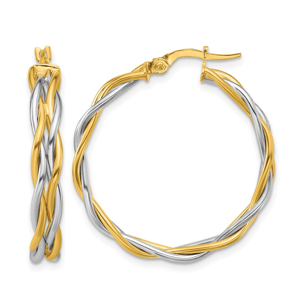 14K with Rhodium Polished Twisted Round Hoop Earrings