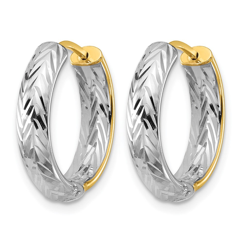 14K w/Rhodium Polished/Dia-cut Hinged Hoop Earrings