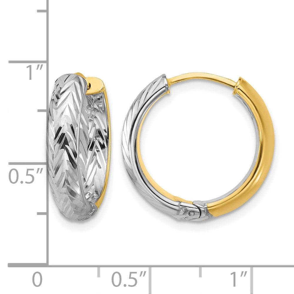 14K w/Rhodium Polished/Dia-cut Hinged Hoop Earrings