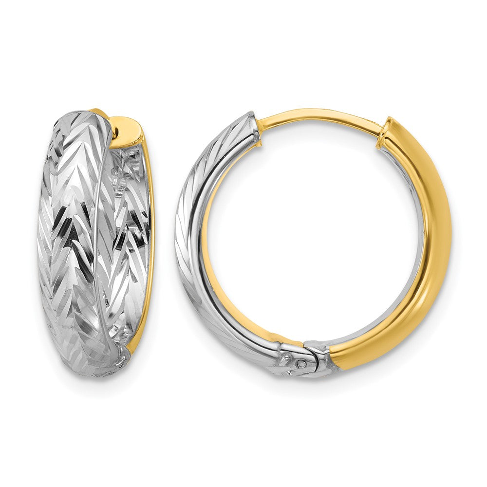 14K w/Rhodium Polished/Dia-cut Hinged Hoop Earrings