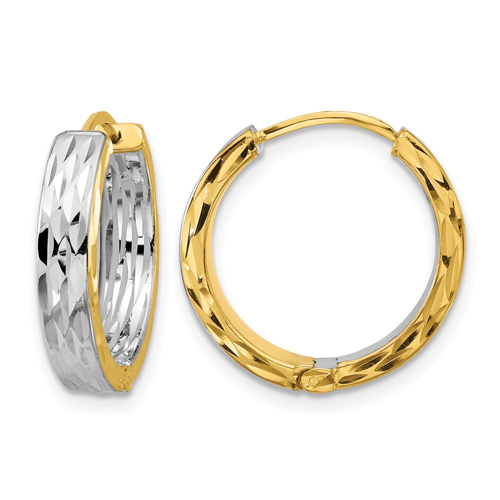 14K w/RH Polish/Dia-cut Square Tube Hinged Hoop Earrings
