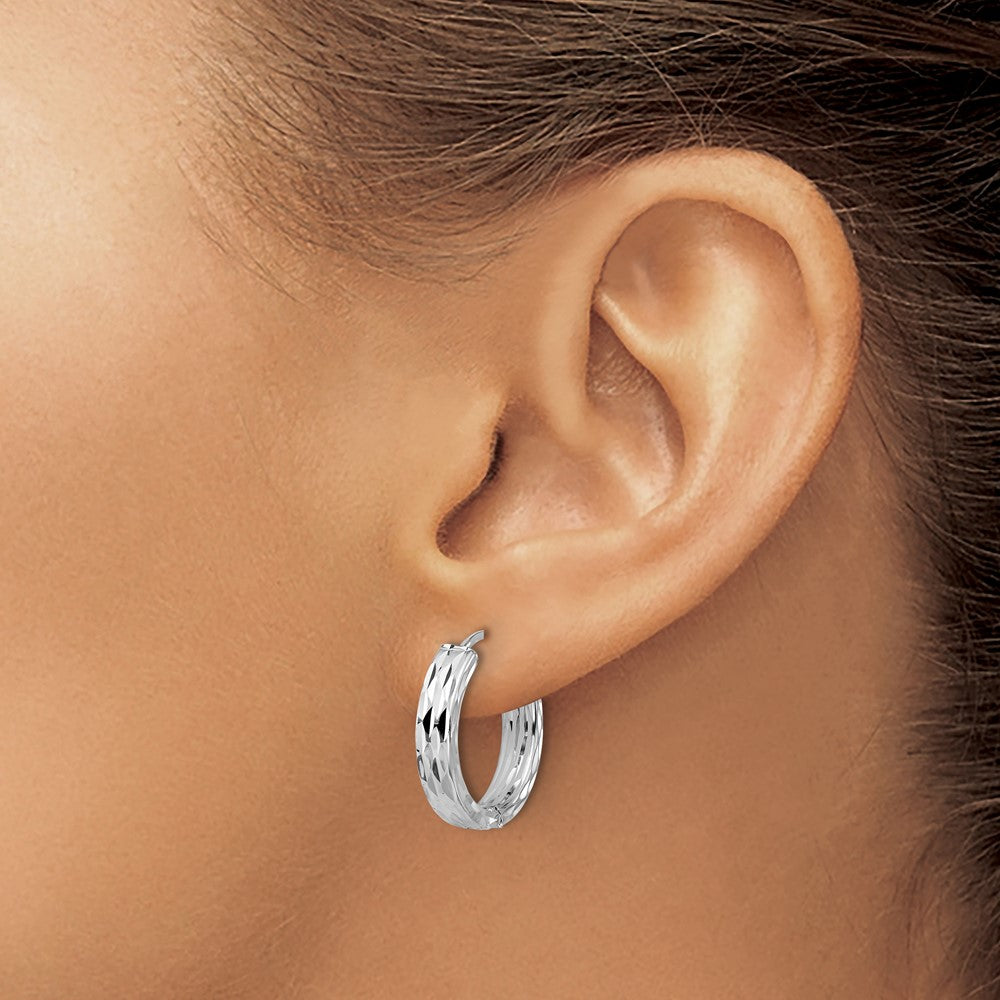 Leslie's' 14K w/Wht RH-plat Polished/Dia-cut Hinged Hoop Earrings