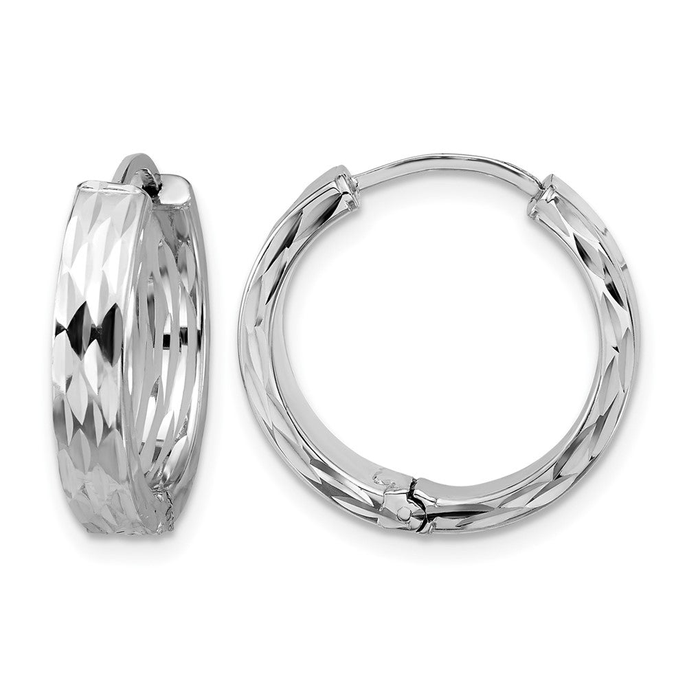 Leslie's' 14K w/Wht RH-plat Polished/Dia-cut Hinged Hoop Earrings