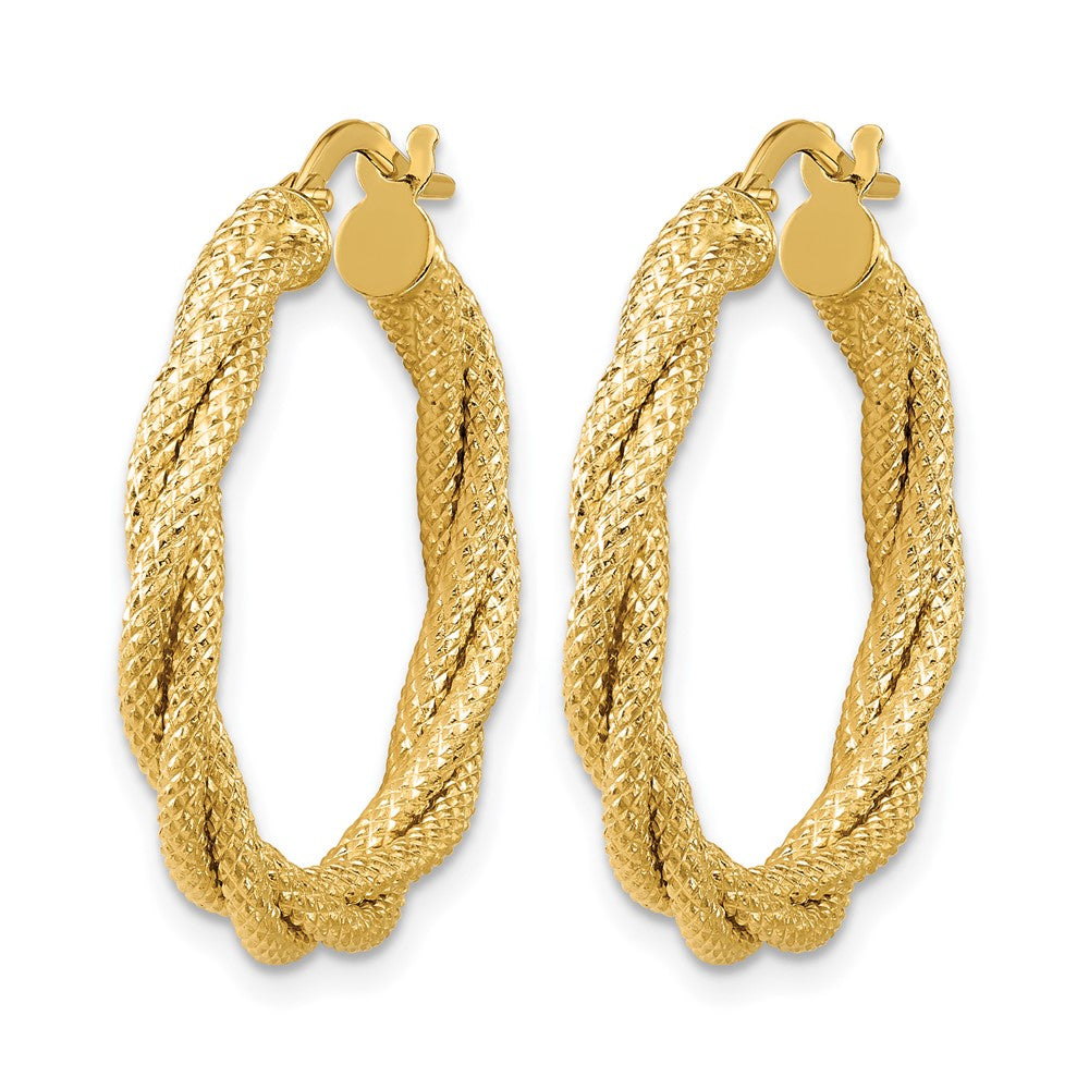 14K Polished and Textured Twisted Round Hoop Earrings