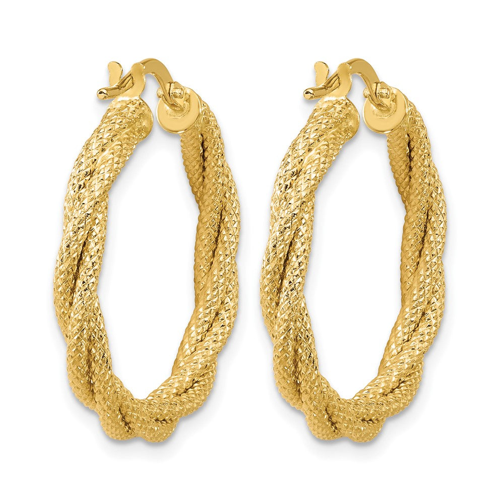 14K Polished and Textured Twisted Round Hoop Earrings