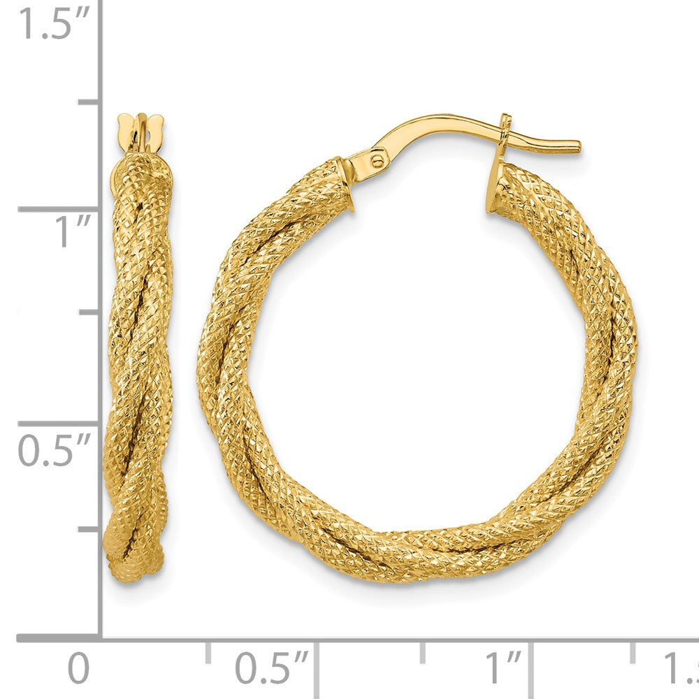 14K Polished and Textured Twisted Round Hoop Earrings