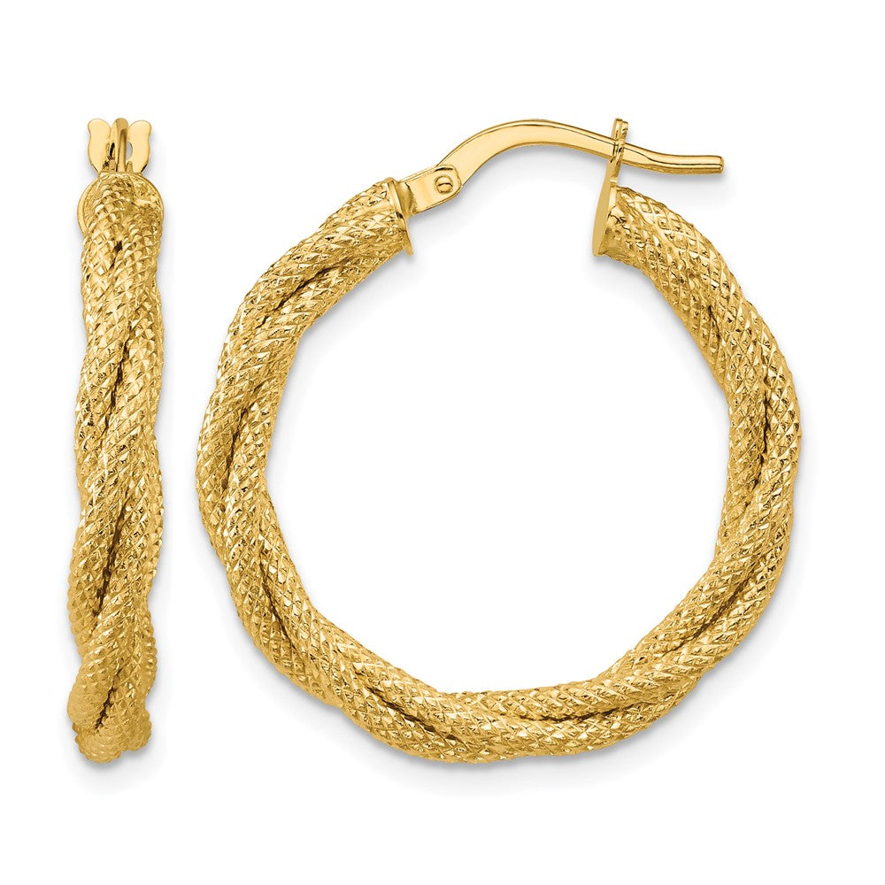 14K Polished and Textured Twisted Round Hoop Earrings