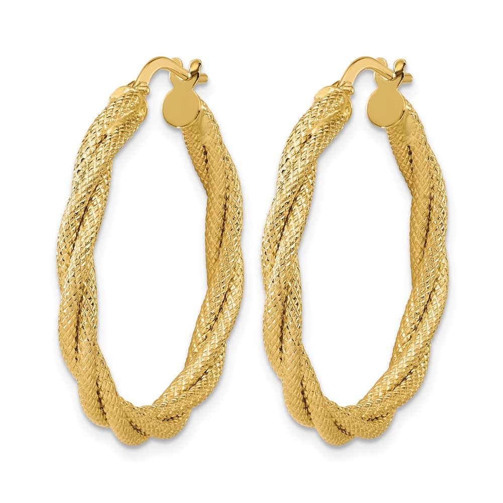 14K Polished and Textured Twisted Round Hoop Earrings