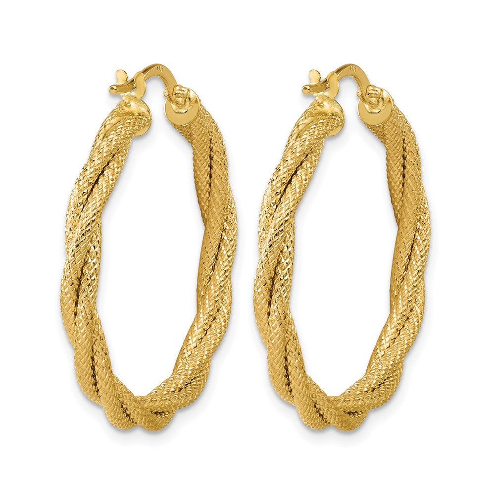 14K Polished and Textured Twisted Round Hoop Earrings