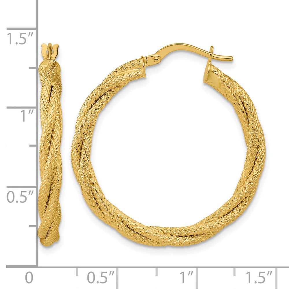 14K Polished and Textured Twisted Round Hoop Earrings