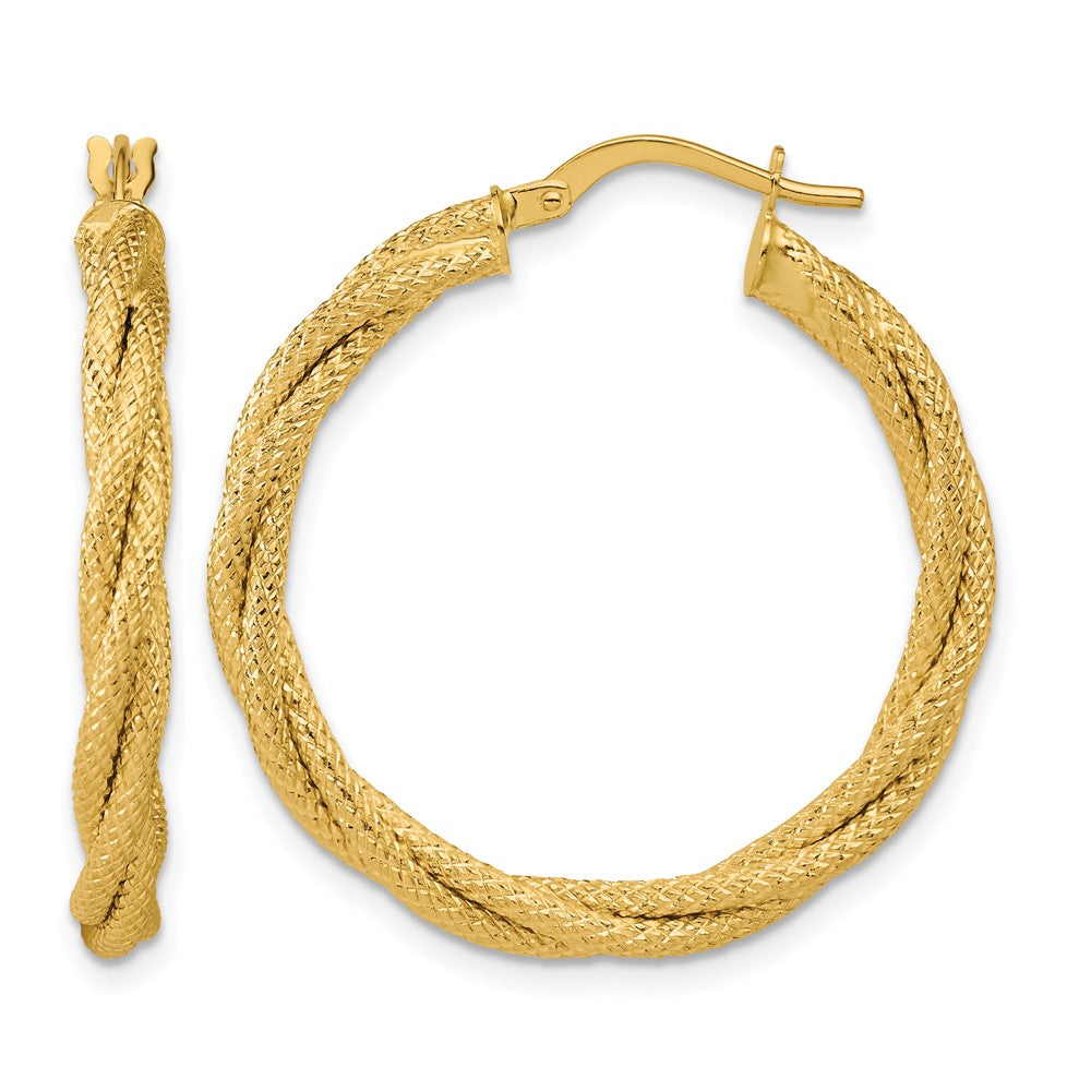 14K Polished and Textured Twisted Round Hoop Earrings