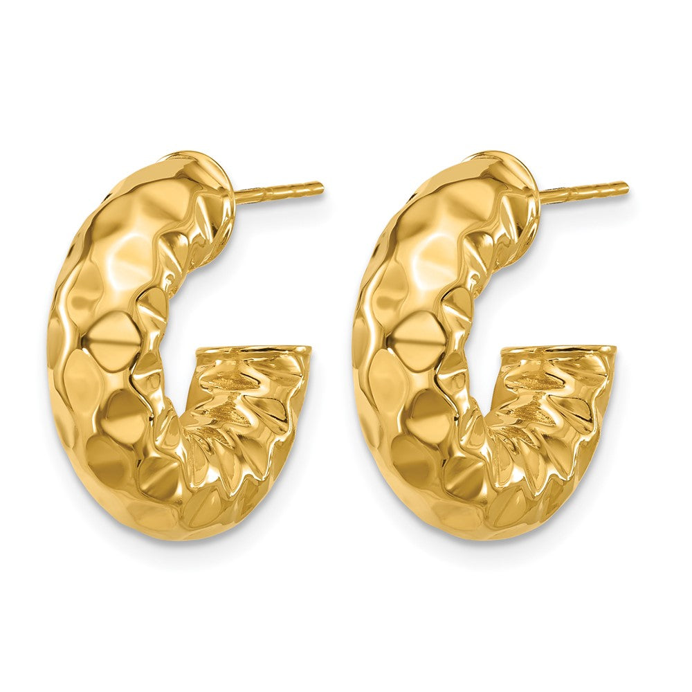 14K Polished and Hammered J-Hoop Post Earrings