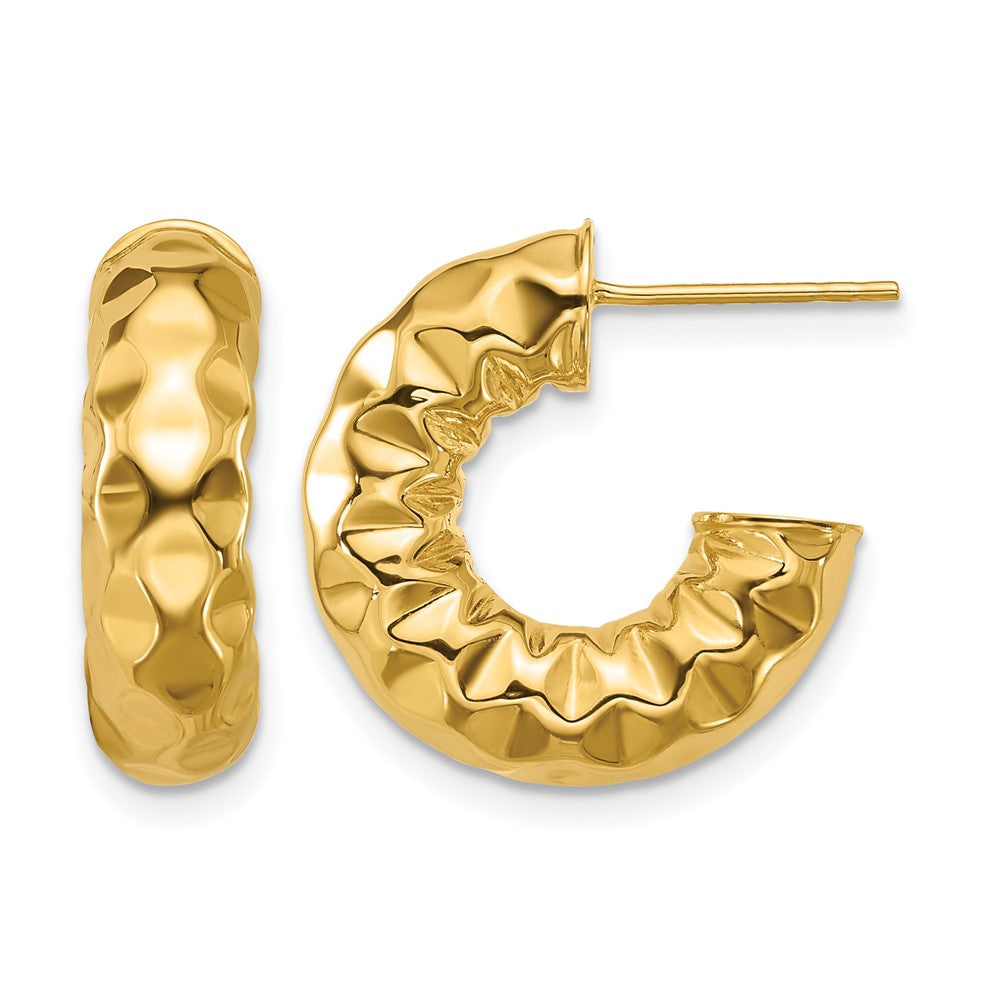 14K Polished and Hammered J-Hoop Post Earrings