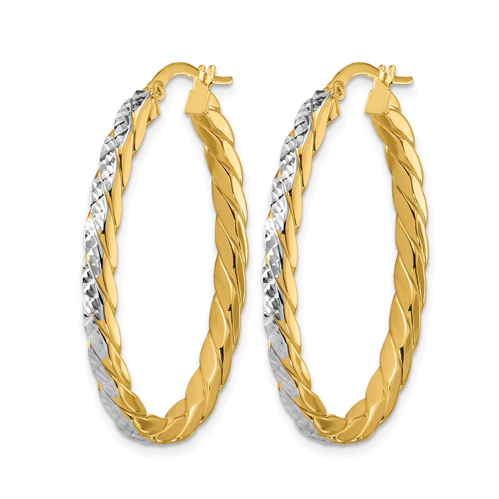 14K w/Rhodium Polished and Dia-Cut Oval Hoop Earrings
