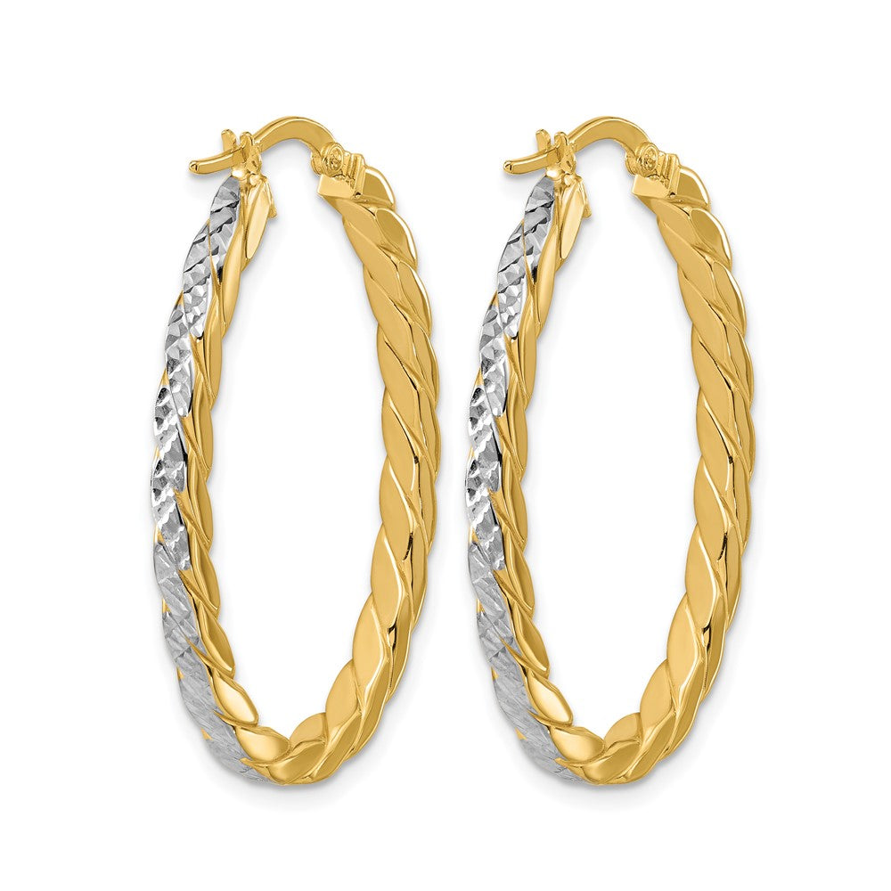 14K w/Rhodium Polished and Dia-Cut Oval Hoop Earrings