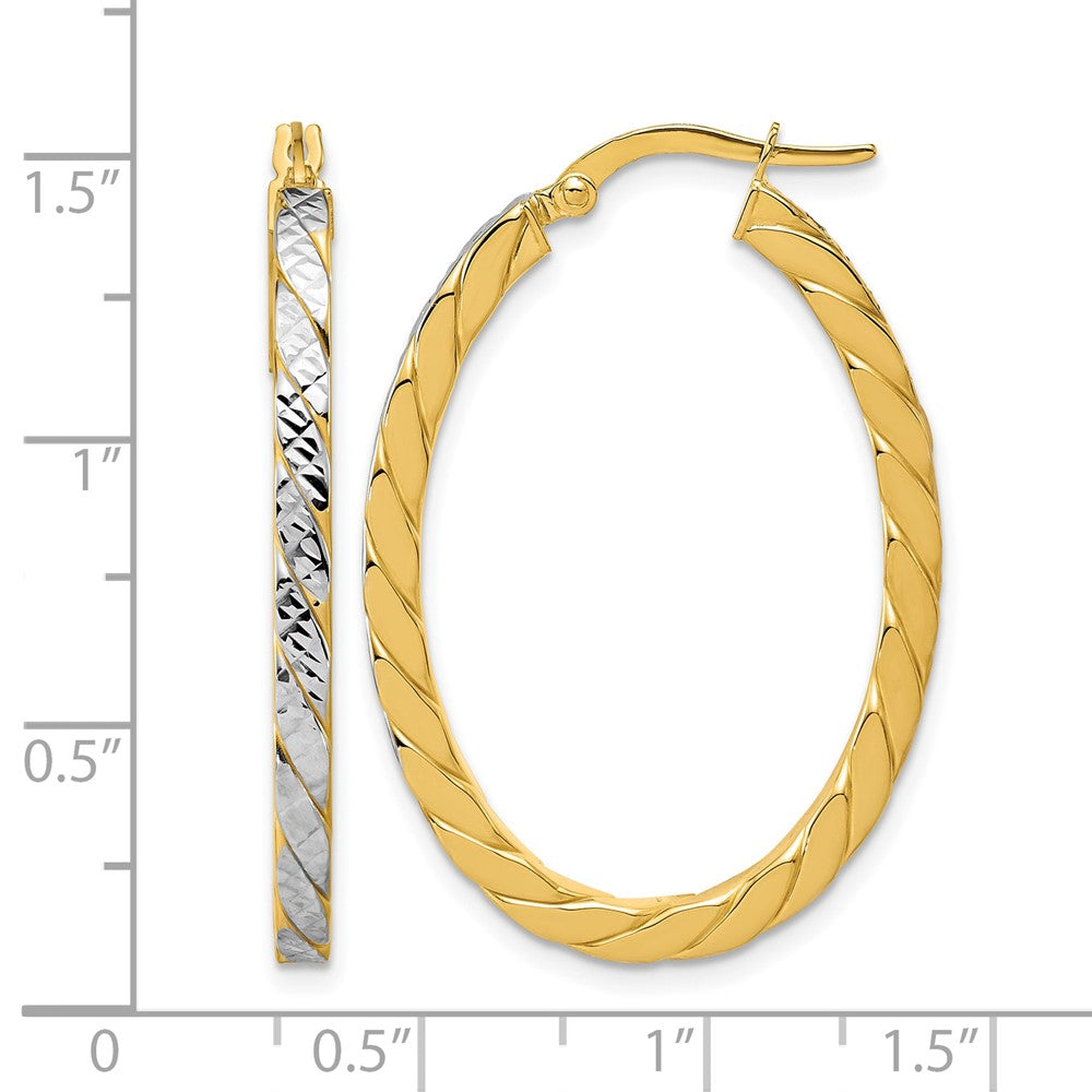 14K w/Rhodium Polished and Dia-Cut Oval Hoop Earrings