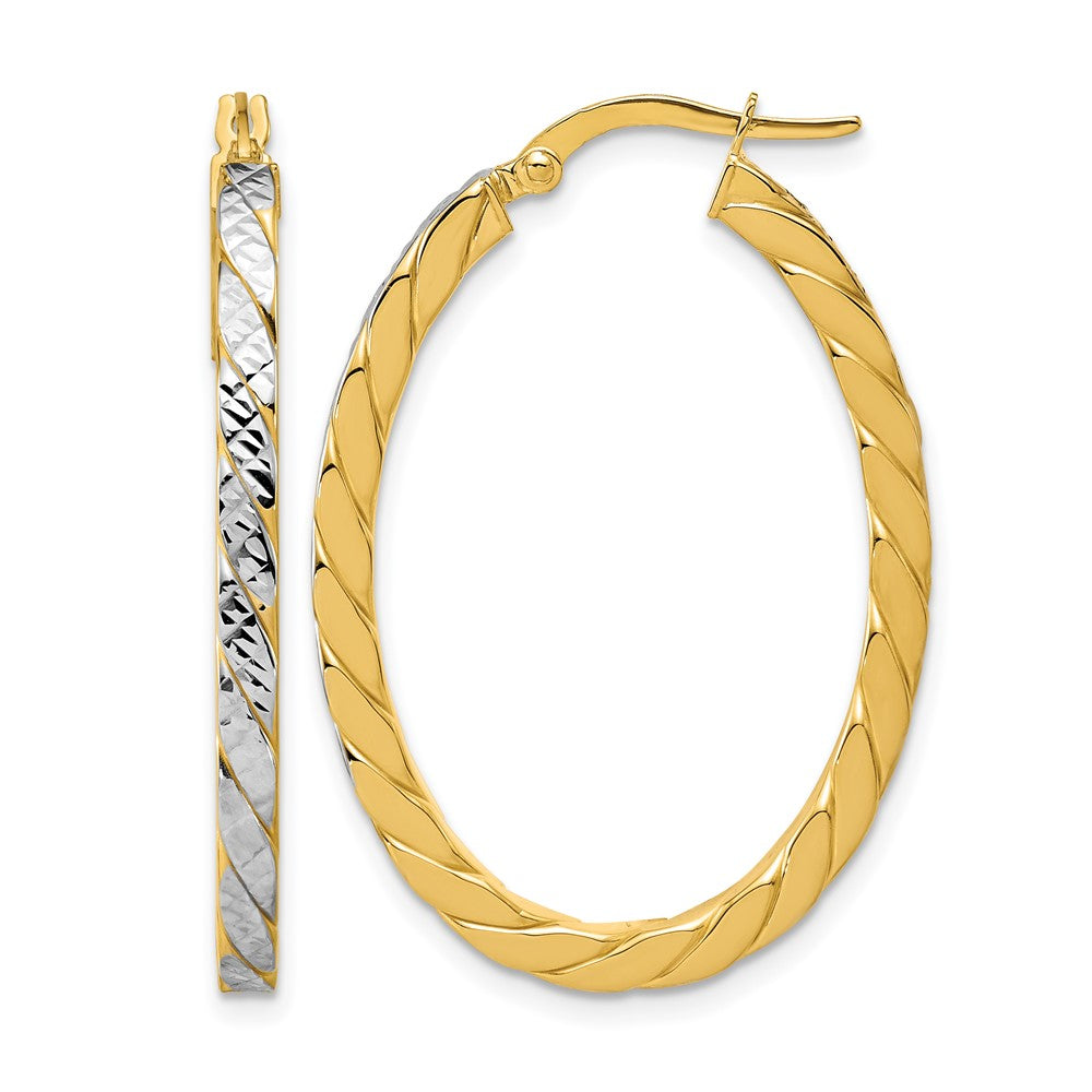 14K w/Rhodium Polished and Dia-Cut Oval Hoop Earrings