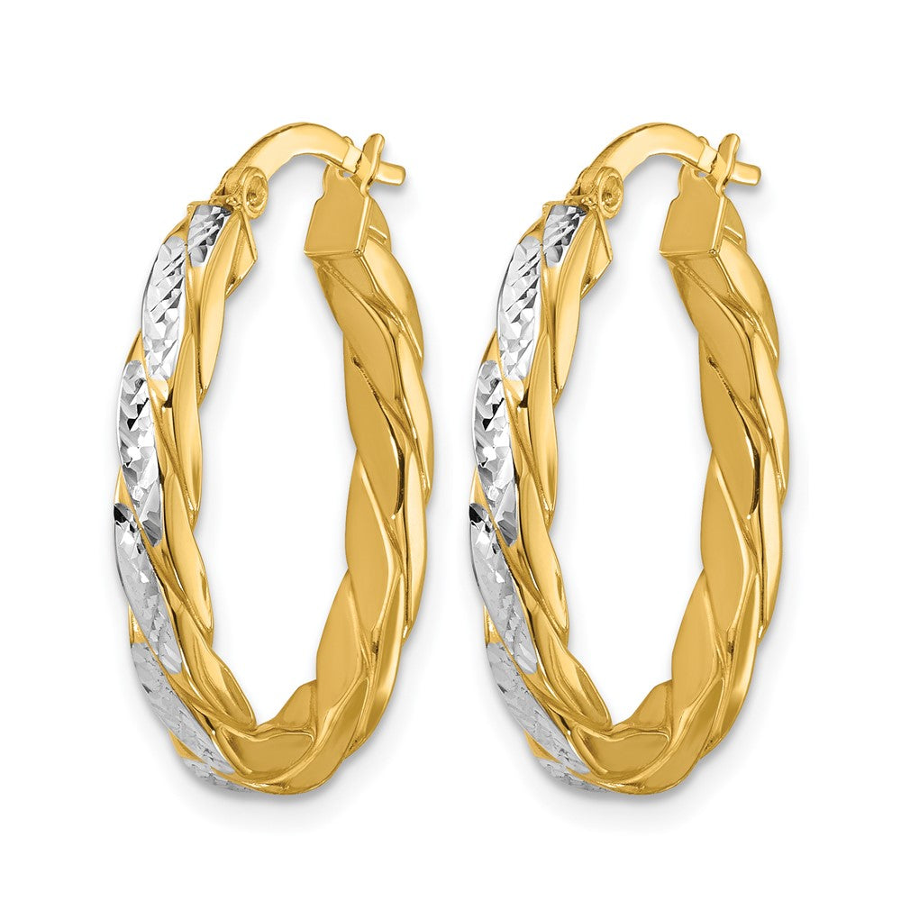 14K w/Rhodium Polished and Dia-Cut Oval Hoop Earrings