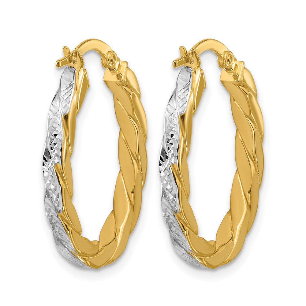 14K w/Rhodium Polished and Dia-Cut Oval Hoop Earrings