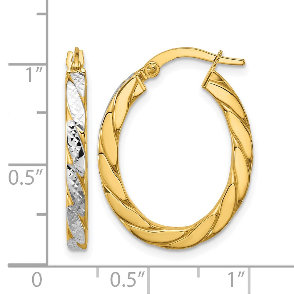 14K w/Rhodium Polished and Dia-Cut Oval Hoop Earrings