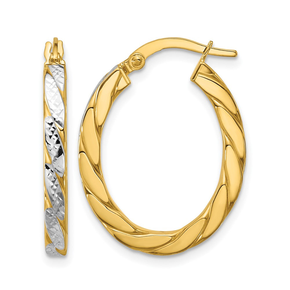 14K w/Rhodium Polished and Dia-Cut Oval Hoop Earrings