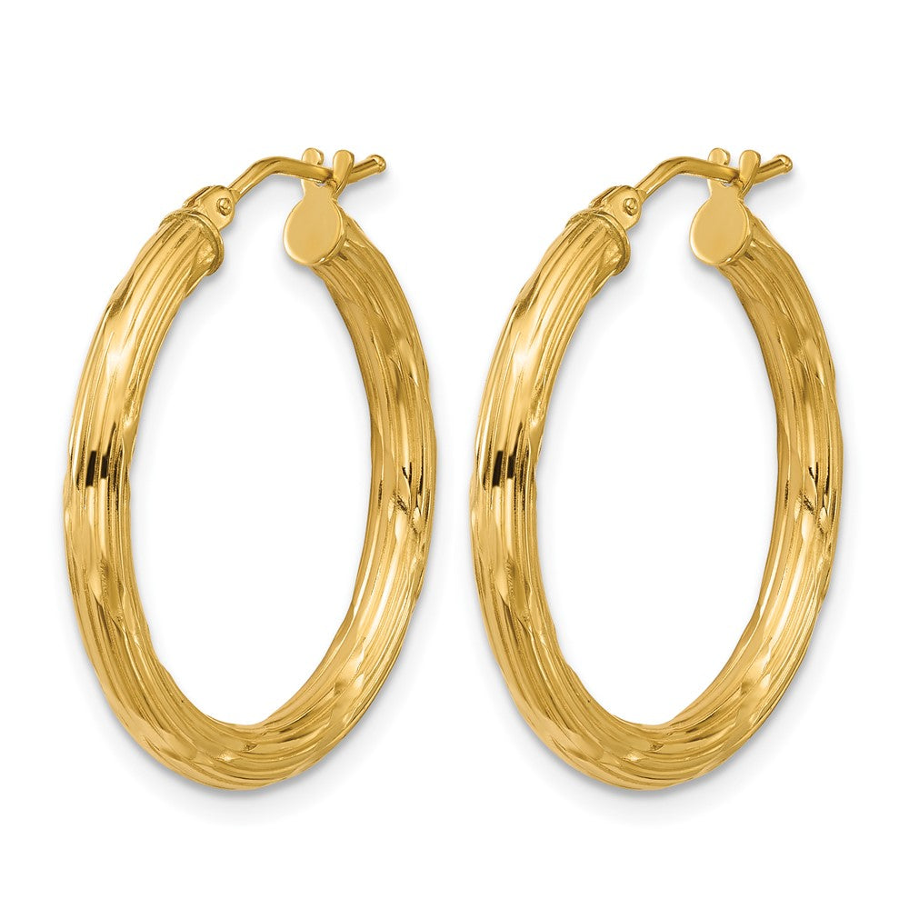 14K Polished and Grooved Round Hoop Earrings